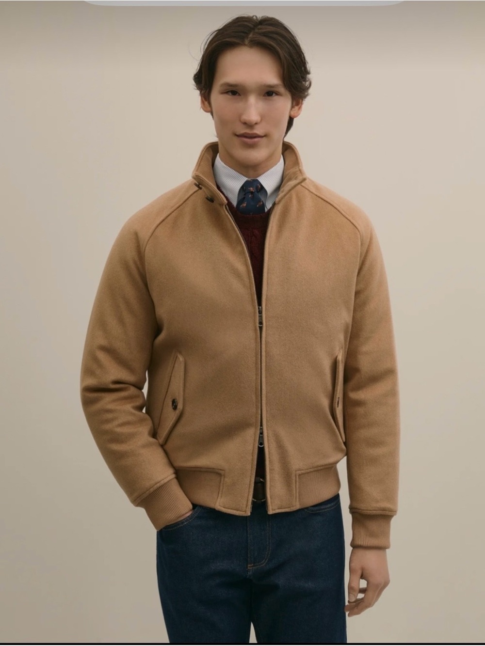 Men's Camel Bomber Jacket - Casual Zip Front Coat